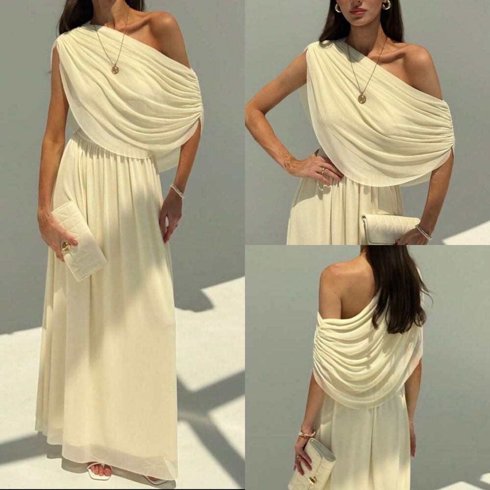 Cream butter yellow mesh ruched asymmetrical draped semi formal maxi dress - Picture 1 of 7